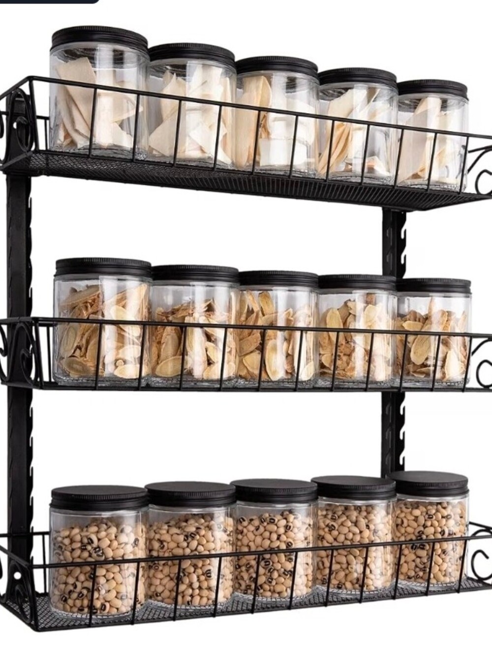Black Metal Wall Spice Rack with Clear Canisters